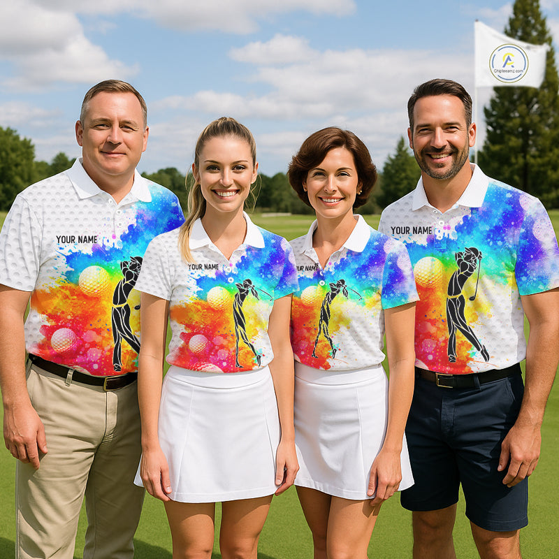 Mens White Pattern Golf Polo Shirt Custom Name Colorful Watercolor Golf Clothes, Golf Gifts NYN2873