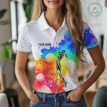 Load image into Gallery viewer, Women White Pattern Golf Polo Shirt Custom Name Colorful Watercolor Golf Clothes, Golf Gifts NYN2873