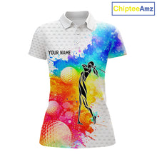 Load image into Gallery viewer, Women White Pattern Golf Polo Shirt Custom Name Colorful Watercolor Golf Clothes, Golf Gifts NYN2873