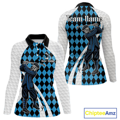 Golfer Skeleton Golf Polo Shirts For Women Custom Blue Argyle Pattern Team Name Golf Clothes NYN3253
