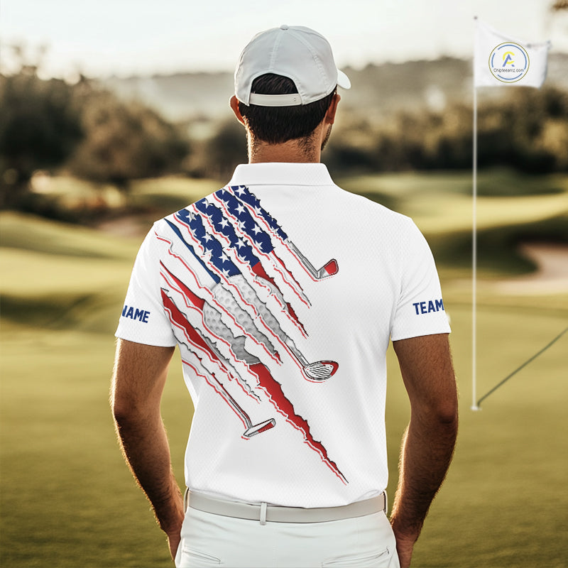 Men's model wearing American Flag Golf Polo Shirt, patriotic golf apparel, USA golf fashion, personalized golf clothing, custom golf tournament outfit, veteran golf shirt.