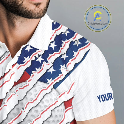 Men's model wearing American Flag Golf Polo Shirt, patriotic golf apparel, USA golf fashion, personalized golf clothing, custom golf tournament outfit, veteran golf shirt.