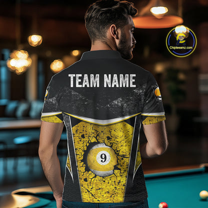 Black And Yellow Grunge Cracked 9 Ball Billiard Pool Shirt For Men Custom 9 Ball Billiard Team Jersey NYN3086