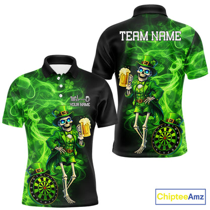 Funny Skeleton St Patrick's Day Men Darts Polo Shirt Custom Flame Shamrock Darts Team Jersey NYN2529
