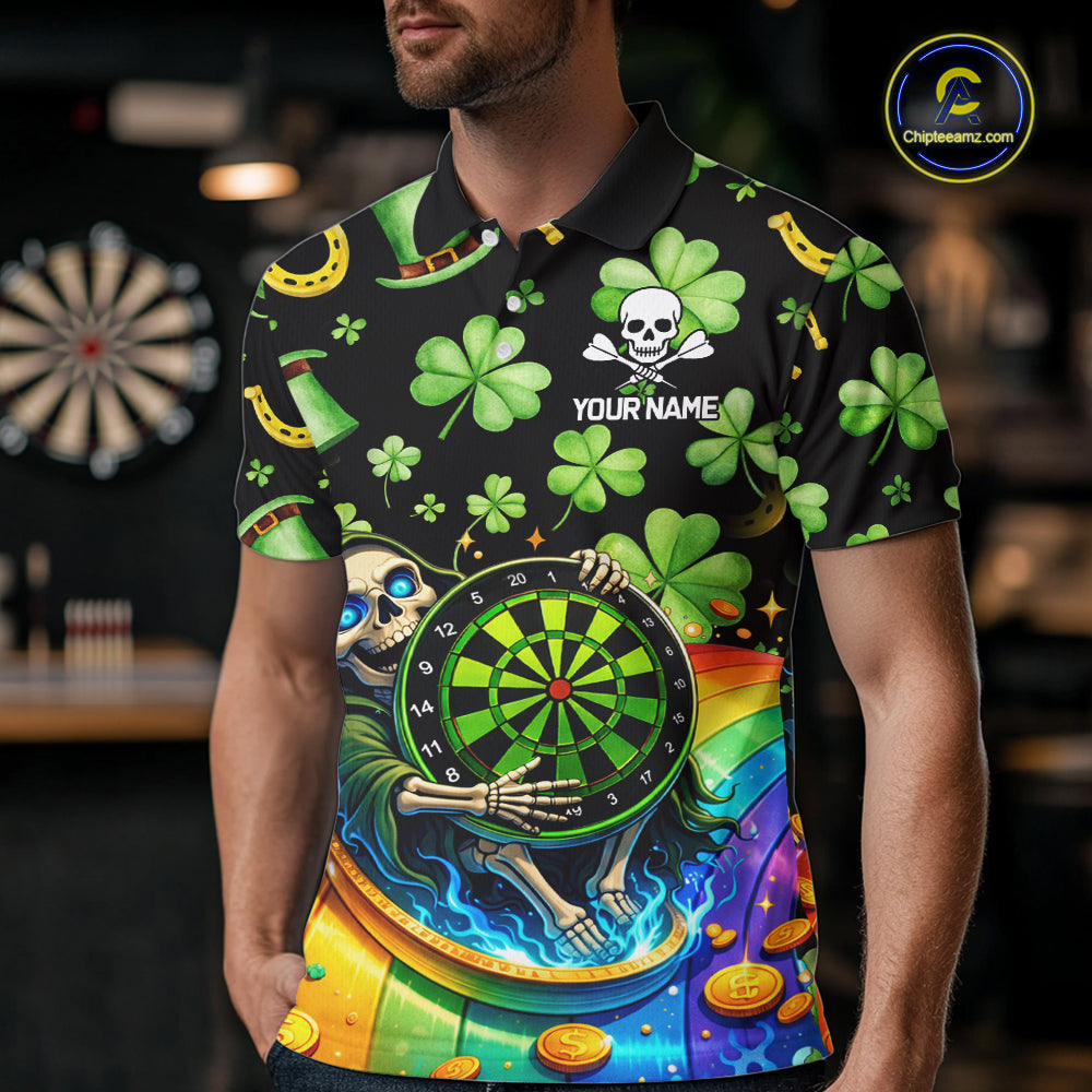 Rainbow Funny Skeleton Green Dartboard Men Darts Polo Shirt Custom St Patrick's Day Darts Jersey NYN2533