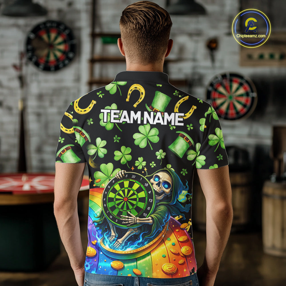 Rainbow Funny Skeleton Green Dartboard Men Darts Polo Shirt Custom St Patrick's Day Darts Jersey NYN2533