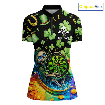 Rainbow Funny Skeleton Green Dartboard Women Darts Quarter-Zip Shirt Custom St Patrick's Day Darts Jersey NYN2533