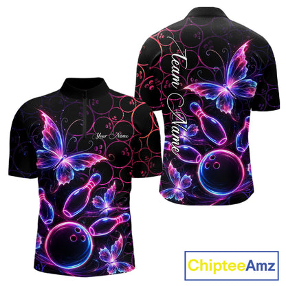 Neon Blue And Pink Butterfly Bowling Polo & 1/4-Zip Shirt For Men Custom Colorful Bowling Team Jersey NYN3266