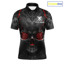 Load image into Gallery viewer, Black Red Skull Dartboard men's darts polo shirt, custom skull dart jersey, personalized dart team apparel, tournament dart uniform