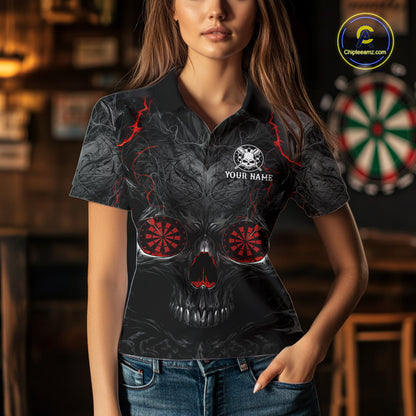 Female darts player wearing Black Red Skull Dartboard jersey during league and tournament competition