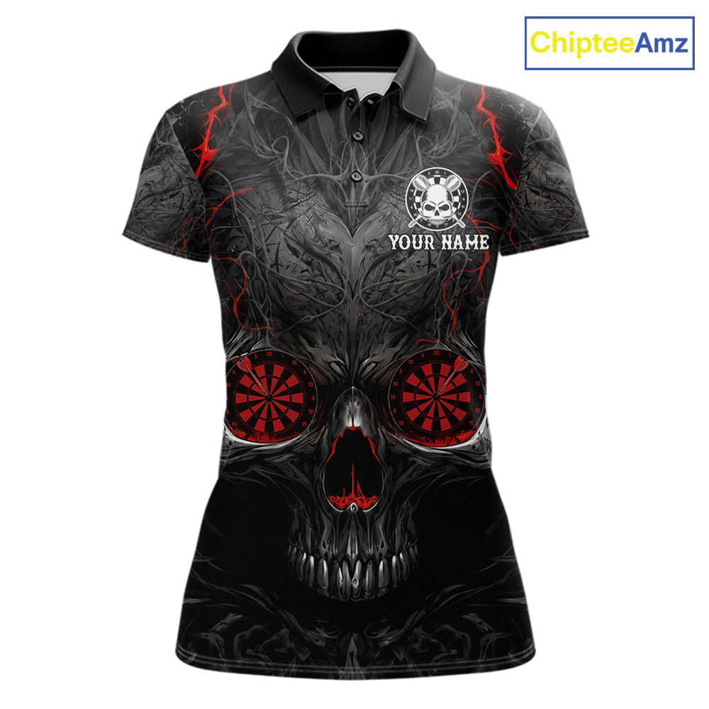 Black Red Skull Dartboard women's darts polo shirt, custom skull dart jersey, personalized dart team apparel, tournament dart uniform