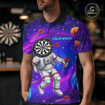 Male darts player wearing Astronaut Galaxy Dartboard jersey during darts competition and league play