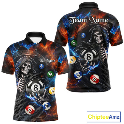 Men's Thunder Grim Reaper billiard polo with lightning effects, personalized pool tournament jersey, APA, BCA and VNEA team apparel, custom athletic polo.