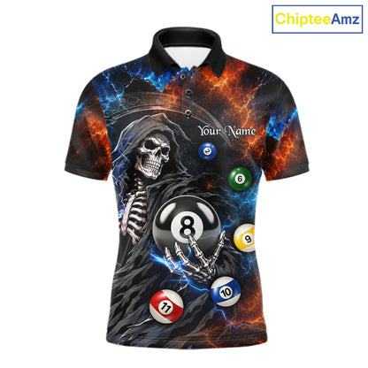 Men's Thunder Grim Reaper billiard polo with lightning effects, personalized pool tournament jersey, APA, BCA and VNEA team apparel, custom athletic polo.
