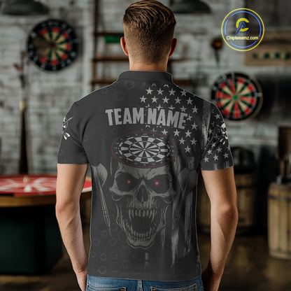 Custom Black Grey Grunge Skull Patriotic Dart Men Polo Jerseys USA Flag Dart Shirts NYN1726