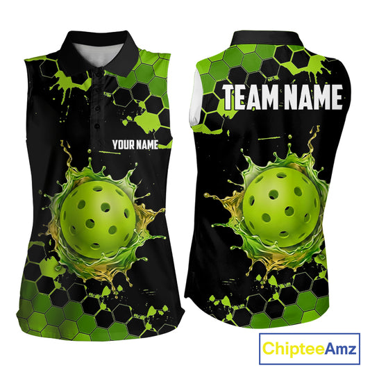 Custom Green Splatter Hexagon Pickleball Sleeveless Polo For Women, Watering Pickleball Ball Team Outfit NYN3110