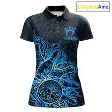 Load image into Gallery viewer, Blue Tribal Pattern Bowling Ball women's bowling polo shirt, custom tribal bowling team jersey, league bowling apparel