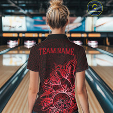 Load image into Gallery viewer, Female bowler wearing Red Tribal Bowling Ball bowling shirt, custom tournament bowling jersey