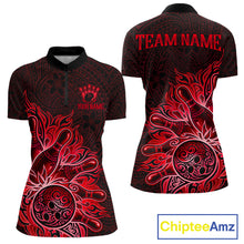 Load image into Gallery viewer, Red Tribal Pattern Bowling Ball women's bowling quarter zip shirt, personalized bowling league uniform
