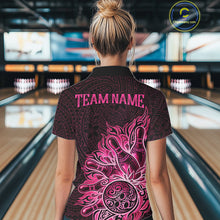 Load image into Gallery viewer, Female bowler wearing Pink Tribal Bowling Ball bowling jersey, women's bowling league apparel