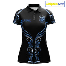 Load image into Gallery viewer, Black and Blue Tribal Crown Bowling Ball women's bowling polo shirt, custom bowling team jersey, league apparel