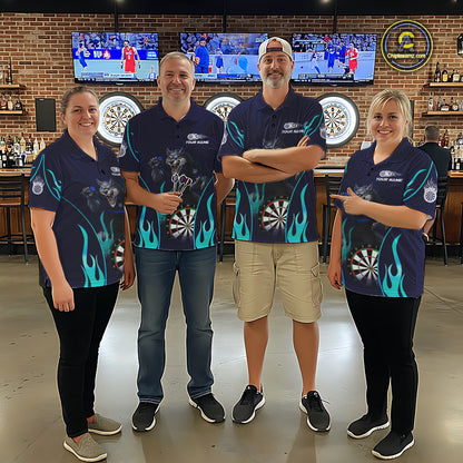 Personalized Funny Wolf Blue Flaming Darts Men Polo & 1/4-Zip Dart Shirt Wolf Dart Team Jerseys NYN2900