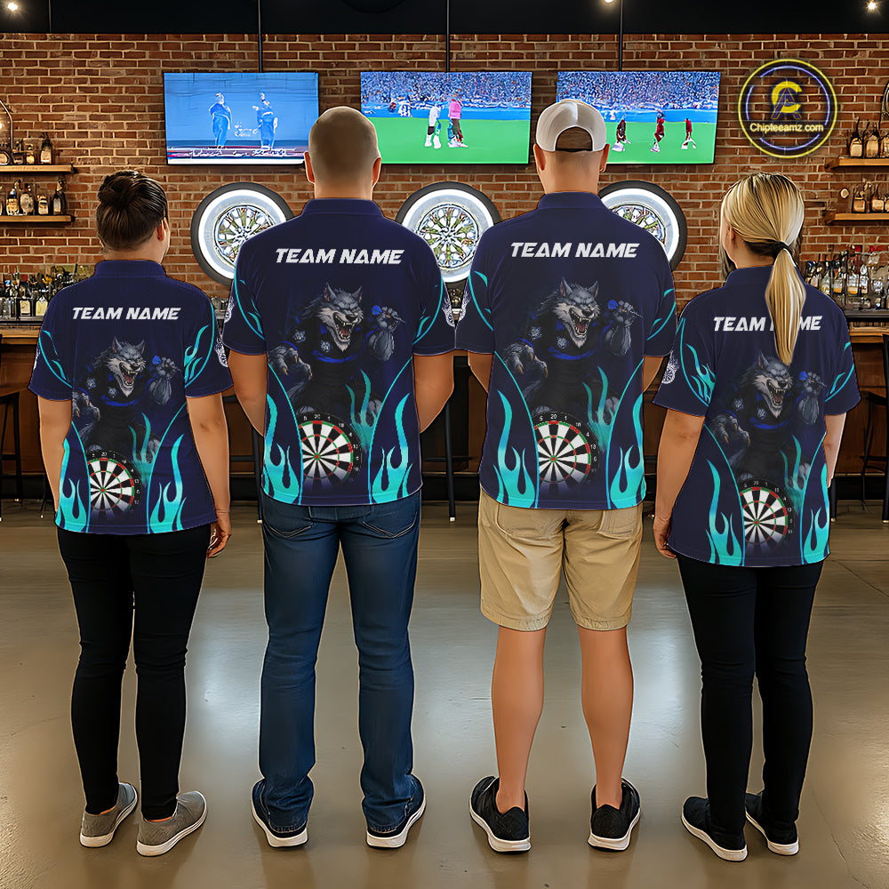 Personalized Funny Wolf Blue Flaming Darts Men Polo & 1/4-Zip Dart Shirt Wolf Dart Team Jerseys NYN2900