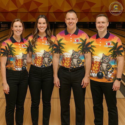 Cheer Beer And Cat Funny Men Bowling Shirt Custom Summer Tropical Youth Bowling Shirts NYN3277