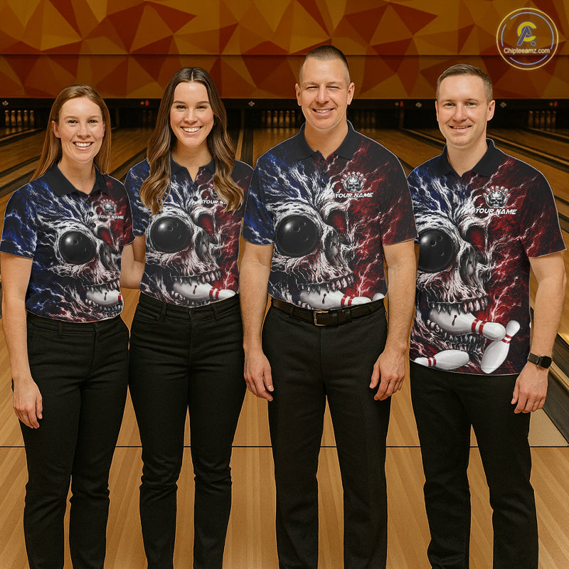 Red And Blue Grunge Skull Women Bowling Polo Quarter-Zip Shirt Custom Youth Bowling Team Outfits NYN3285