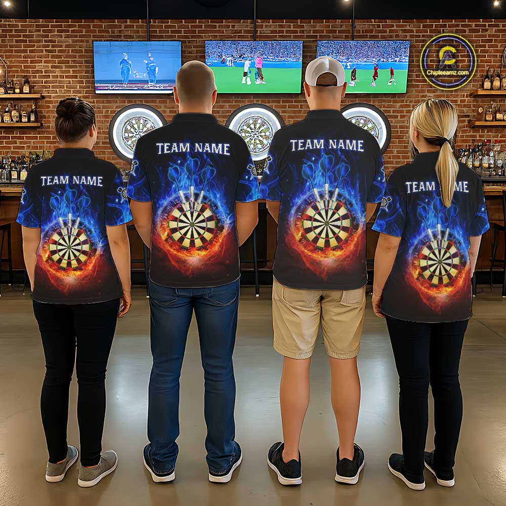 Red And Blue Flames Skull Dartboard Custom Men Darts Polo League Shirts Skull Dart Jerseys NYN2250