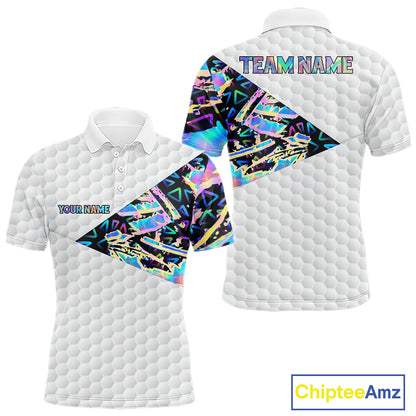 Personalized Mens Golf Polo Shirt Custom Name Holographic And White Golf Ball Golf Attire NYN2912