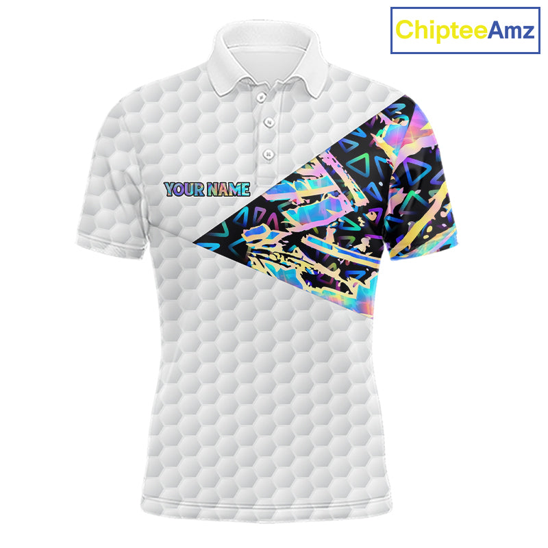 Personalized Mens Golf Polo Shirt Custom Name Holographic And White Golf Ball Golf Attire NYN2912
