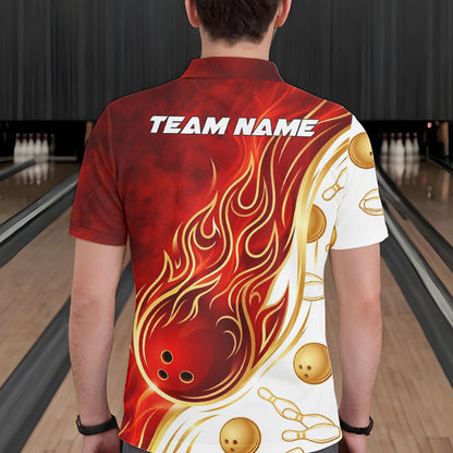 Custom Gold And Red Flames Bowling Team Jerseys, Bowling League Polo & 1/4-Zip Shirt For Men NYN2918