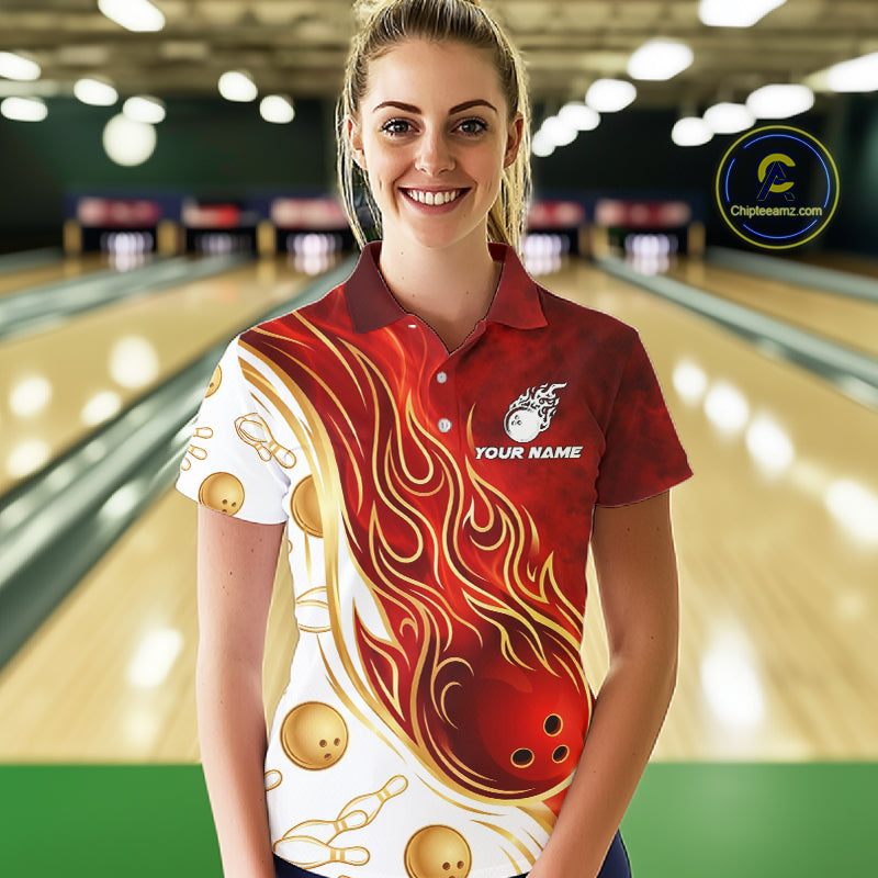Custom Gold And Red Flames Bowling Team Jerseys, Bowling League Polo & 1/4-Zip Shirt For Women NYN2918