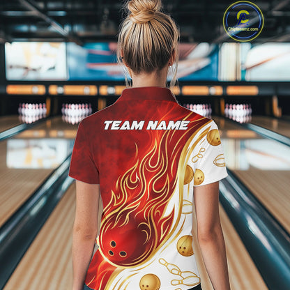 Custom Gold And Red Flames Bowling Team Jerseys, Bowling League Polo & 1/4-Zip Shirt For Women NYN2918