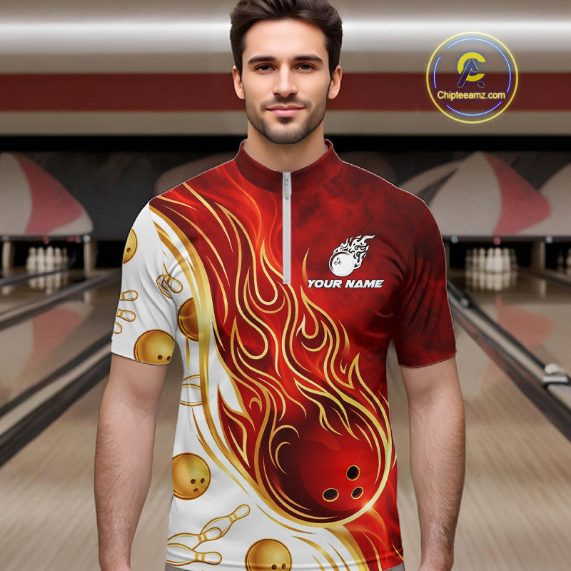 Custom Gold And Red Flames Bowling Team Jerseys, Bowling League Polo & 1/4-Zip Shirt For Men NYN2918