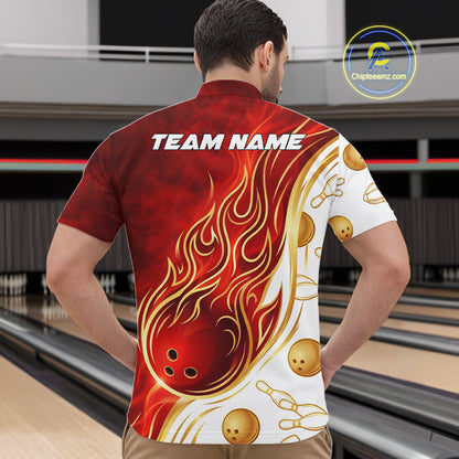 Custom Gold And Red Flames Bowling Team Jerseys, Bowling League Polo & 1/4-Zip Shirt For Men NYN2918