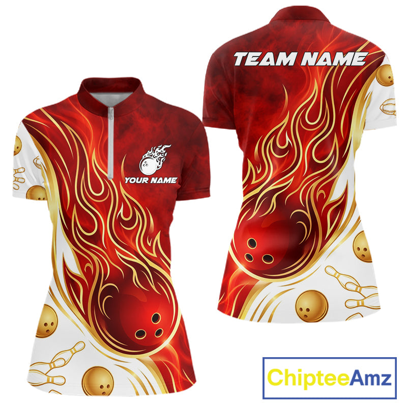 Custom Gold And Red Flames Bowling Team Jerseys, Bowling League Polo & 1/4-Zip Shirt For Women NYN2918