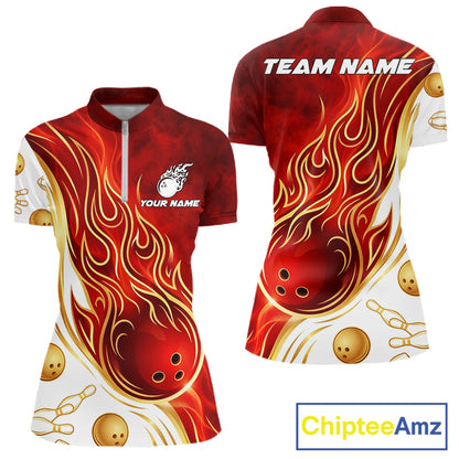Custom Gold And Red Flames Bowling Team Jerseys, Bowling League Polo & 1/4-Zip Shirt For Women NYN2918