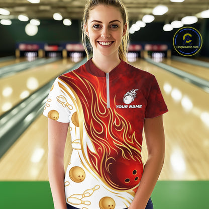 Custom Gold And Red Flames Bowling Team Jerseys, Bowling League Polo & 1/4-Zip Shirt For Women NYN2918