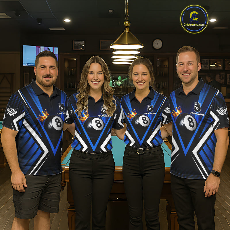 Personalized Crown 8 Ball Pool Black And Blue Polo Shirts For Men, Custom Billiard Team Apparel NYN3292