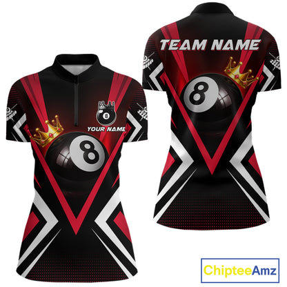 Crown 8 ball black and red women billiard 1/4-zip shirt custom team design