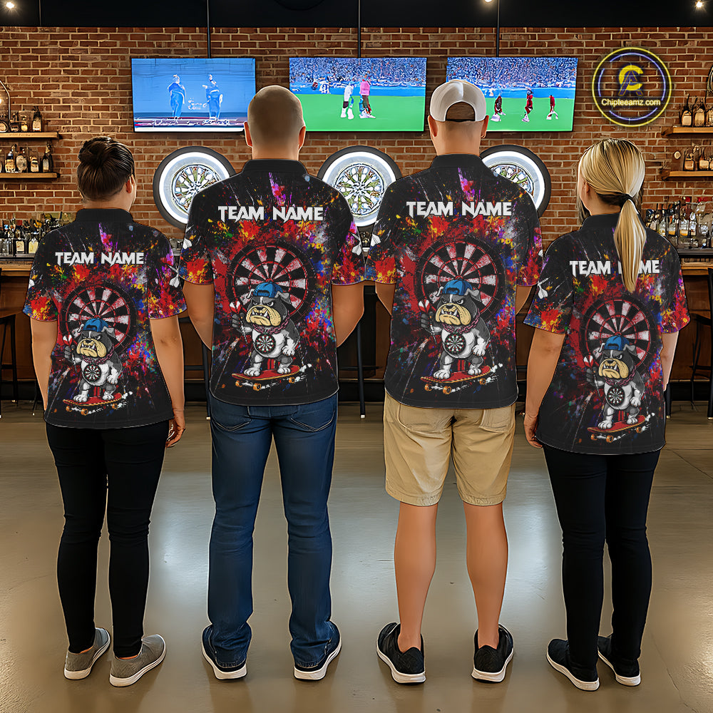 Multi-Color Splatter Funny Bulldog Custom Women Darts Quarter-Zip League Shirts Dart Team Jerseys NYN2255