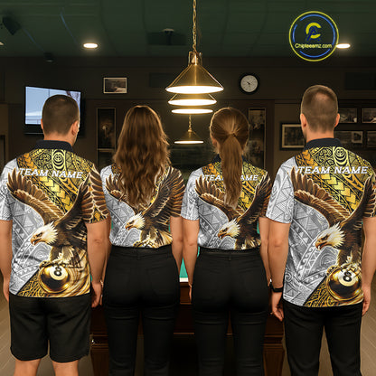 White And Gold Tribal Pattern Billiard Jersey For Men Custom Eagle 8 Ball Billiard Team Shirts NYN2926