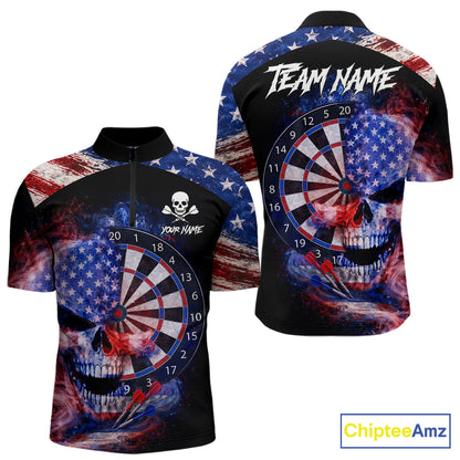 Smoke US Flag Skull Dartboard Men Darts Quarter-Zip Shirt Custom Retro Patriotic Darts Jerseys NYN2550