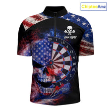 Load image into Gallery viewer, Smoke US Flag Skull Dartboard Men Darts Quarter-Zip Shirt Custom Retro Patriotic Darts Jerseys NYN2550