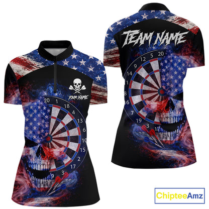 Smoke US Flag Skull Dartboard Women Darts Quarter-Zip Shirt Custom Retro Patriotic Darts Jerseys NYN2550