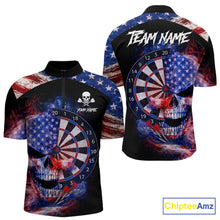 Load image into Gallery viewer, Smoke US Flag Skull Dartboard Men Darts Quarter-Zip Shirt Custom Retro Patriotic Darts Jerseys NYN2550