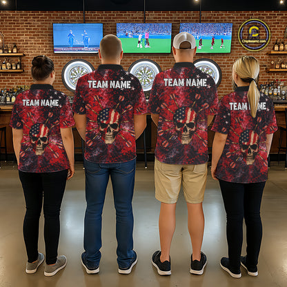 Red Grunge US Flag Skull Dart Arrow Men Darts Polo Shirt Custom Retro Darts Team Jerseys NYN2552