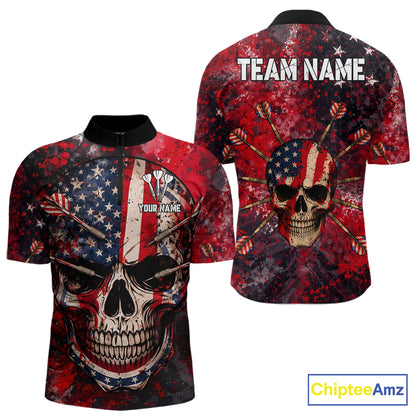 Red Grunge US Flag Skull Dart Arrow Men Darts Quarter-Zip Shirt Custom Retro Darts Team Jerseys NYN2552